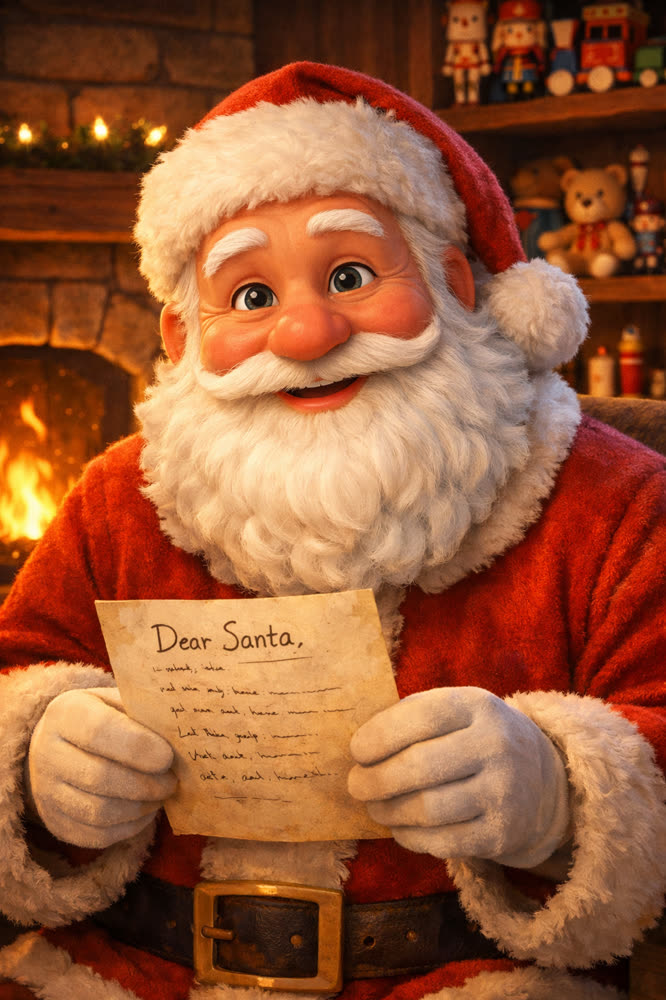 Santa in his workshop, speaking to the camera